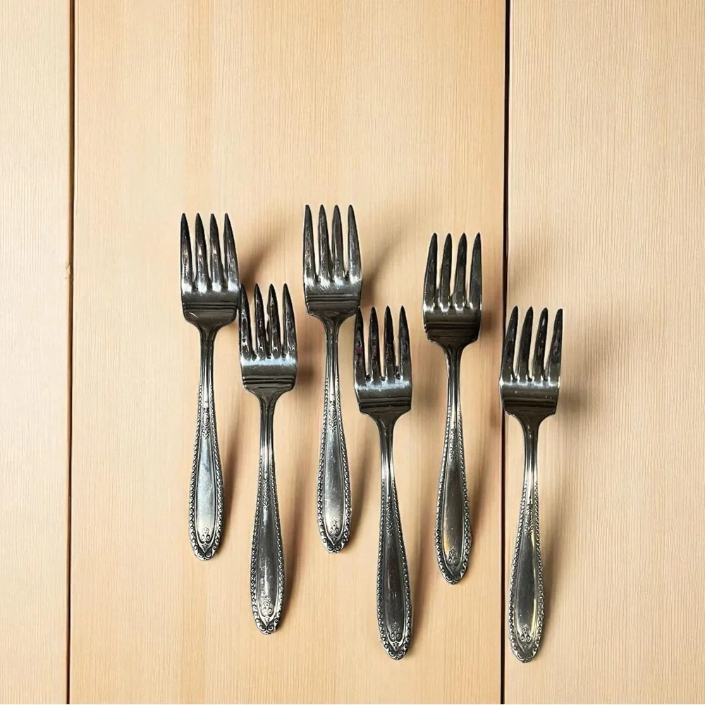 Six Fashion Plate Dessert Forks Vintage